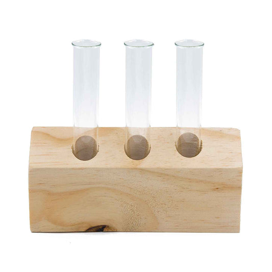 Modern minimalist 3-tube propagation station showing natural wood grain and clear glass vases