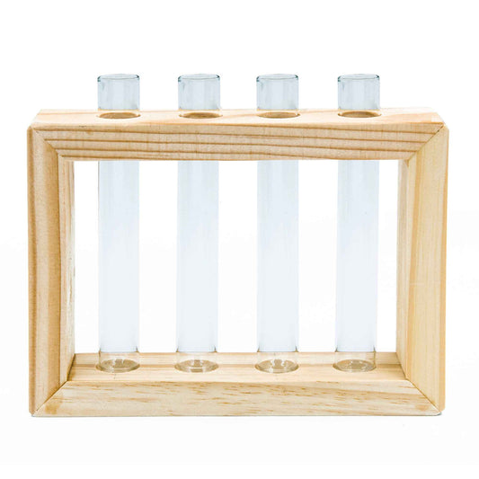 Modern rectangular 4-tube wood frame propagation holder with glass vases for displaying houseplants
