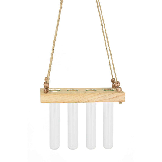 Rustic hanging propagation holder with 4 glass vases and natural wooden base for indoor plants