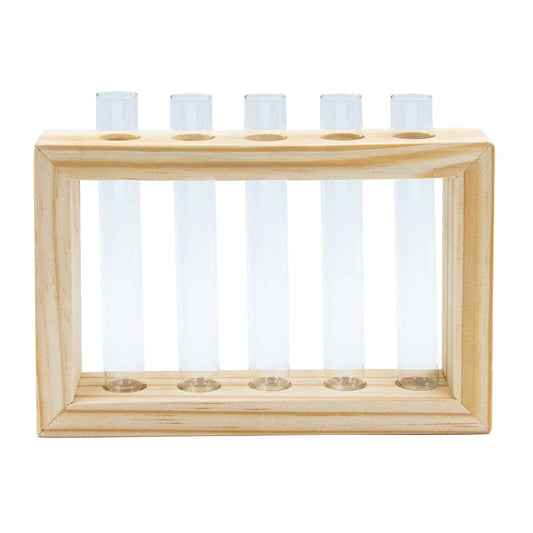 Modern rectangular 5-tube wood frame propagation holder with glass vases for displaying multiple houseplants