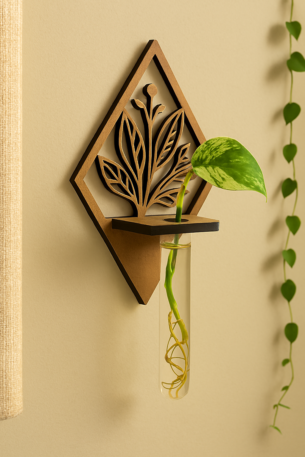 Wall-mounted diamond vase with botanical leaf carving perfect for single-stem floral displays