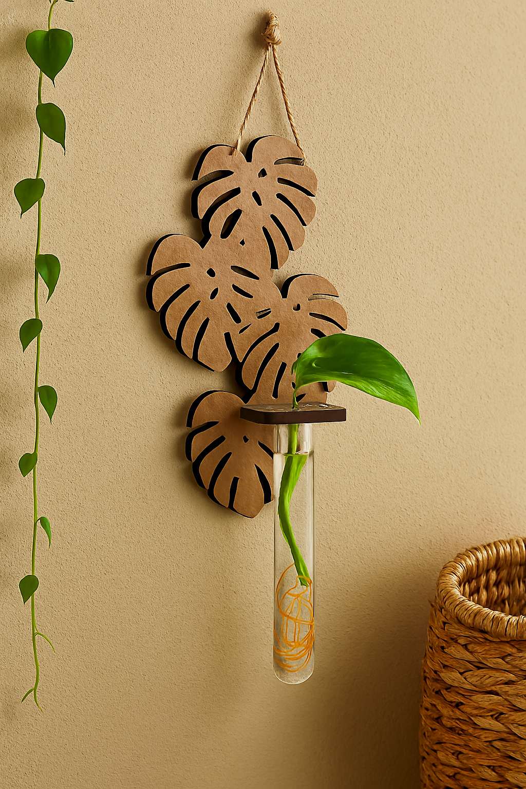 Rustic monstera leaf wall-mounted vase holder perfect for botanical wall art and propagation displays