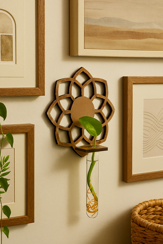 Minimalist mandala design wooden wall-mounted vase holder perfect for botanical decor and flower displays