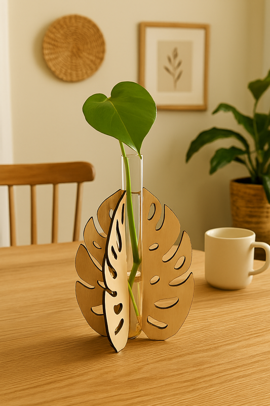 Minimalist monstera leaf wooden stand vase perfect for botanical decor and plant propagation