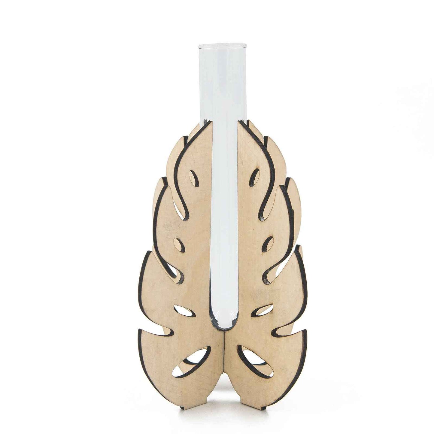 Monstera Leaf Wooden Stand Test Tube Vase – Minimalist Botanical Decor