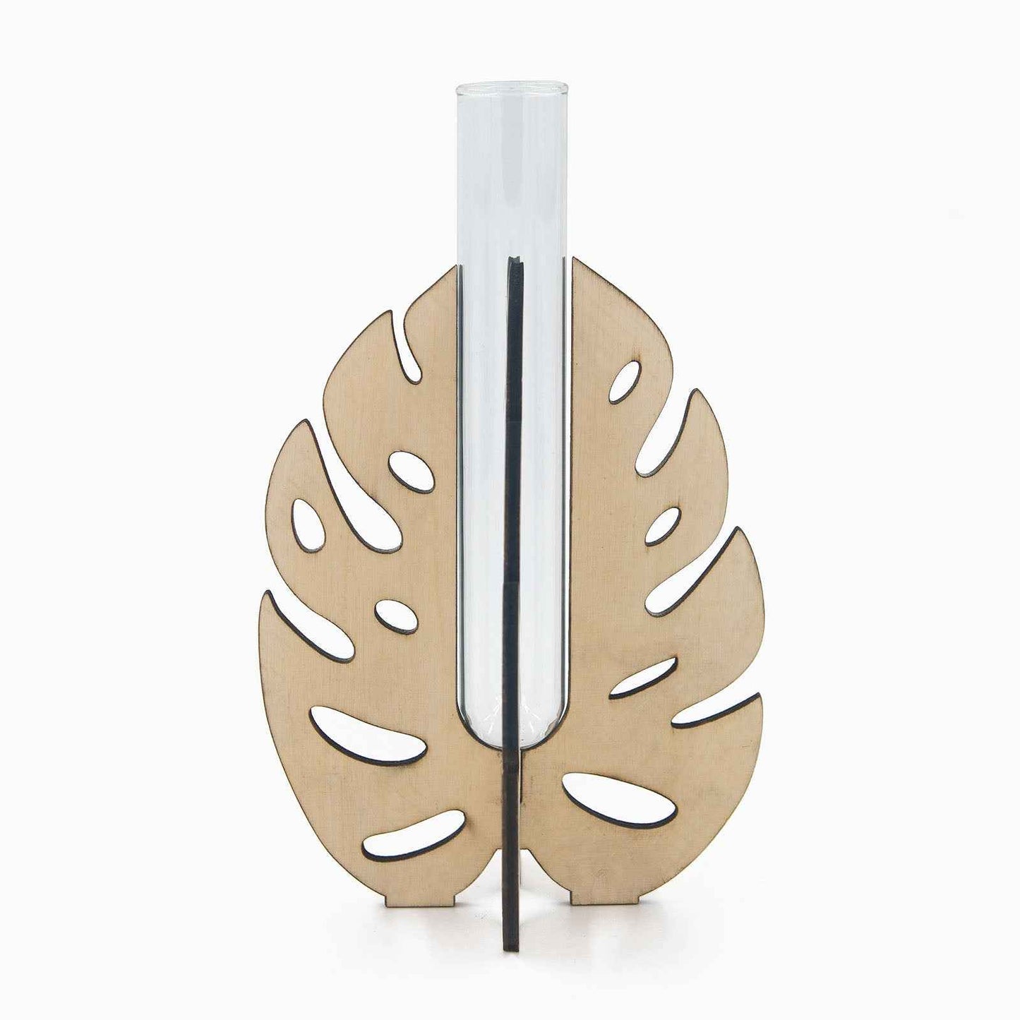 Monstera Leaf Wooden Stand Test Tube Vase – Minimalist Botanical Decor