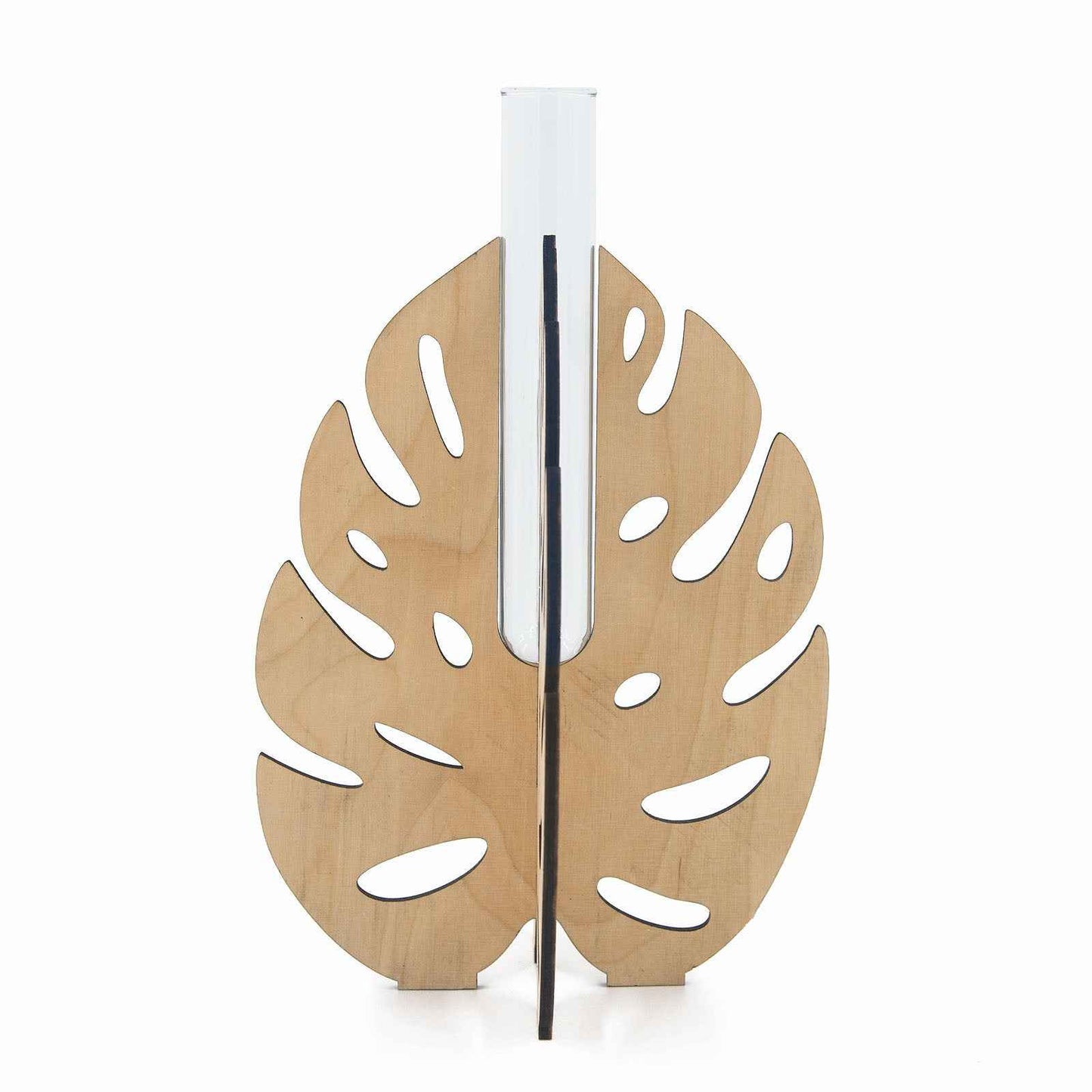 Large wooden monstera leaf stand with clear glass tube for modern home decor and single flower displays