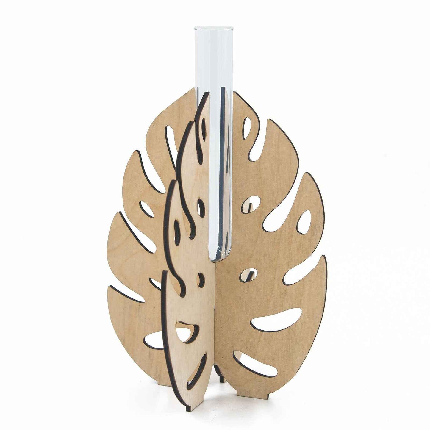 Larger Monstera Leaf Wooden Stand Test Tube Vase – Minimalist Botanical Decor