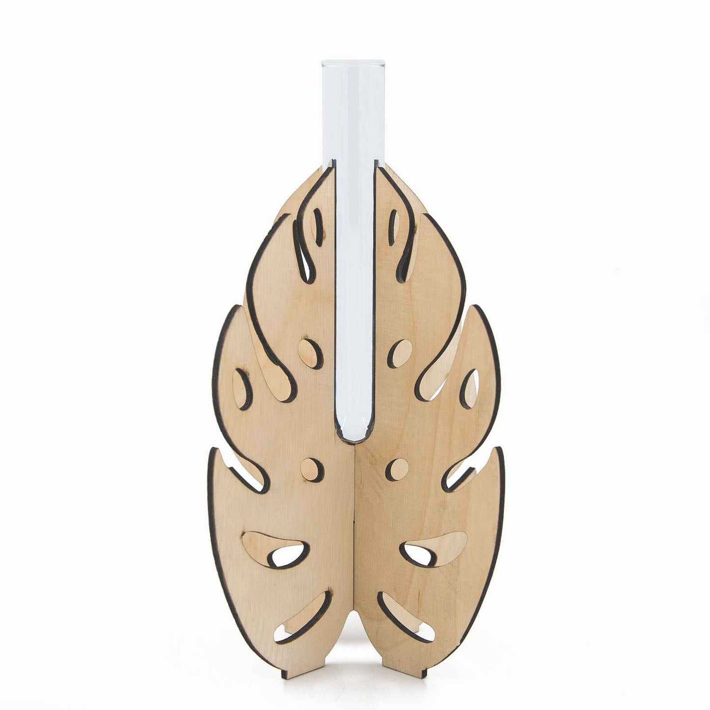 Larger Monstera Leaf Wooden Stand Test Tube Vase – Minimalist Botanical Decor