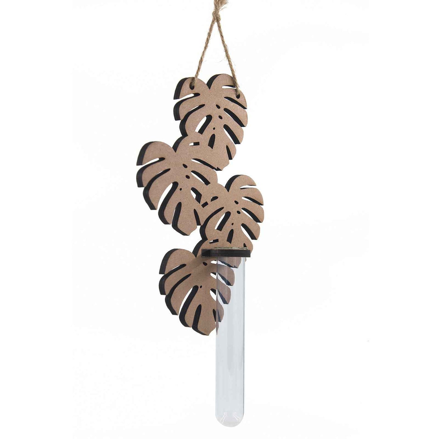 Hanging Monstera Leaf Wall Vase – Rustic Wooden Plant Propagation Station