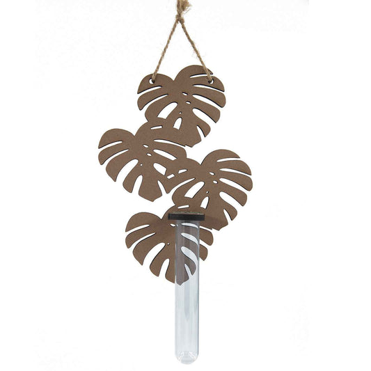Hanging monstera leaf vase with clear glass tube perfect for indoor plant decor and wall displays