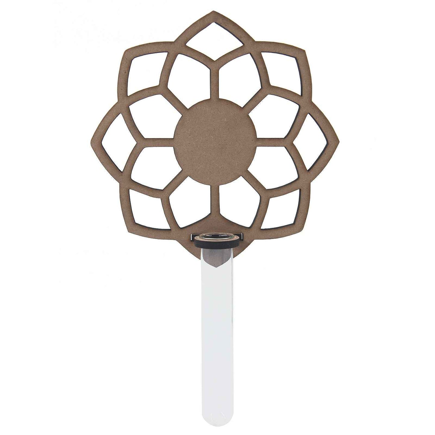 Mandala laser-cut wooden vase with clear glass tube for single flower and propagation displays