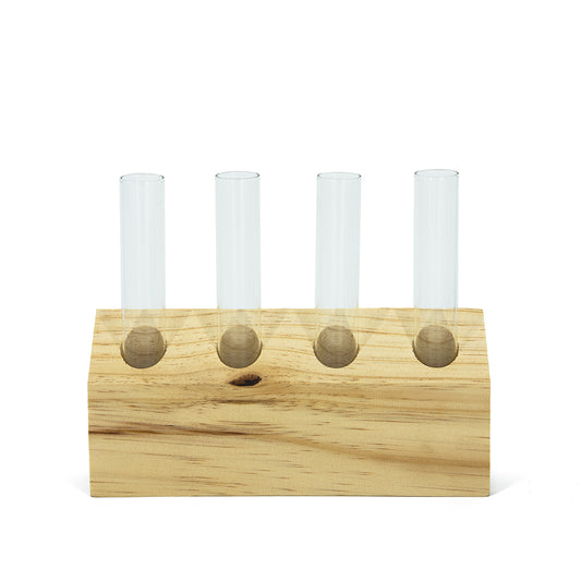 Modern minimalist 4-tube slanted stand showing natural wood grain and glass test tubes for water propagation