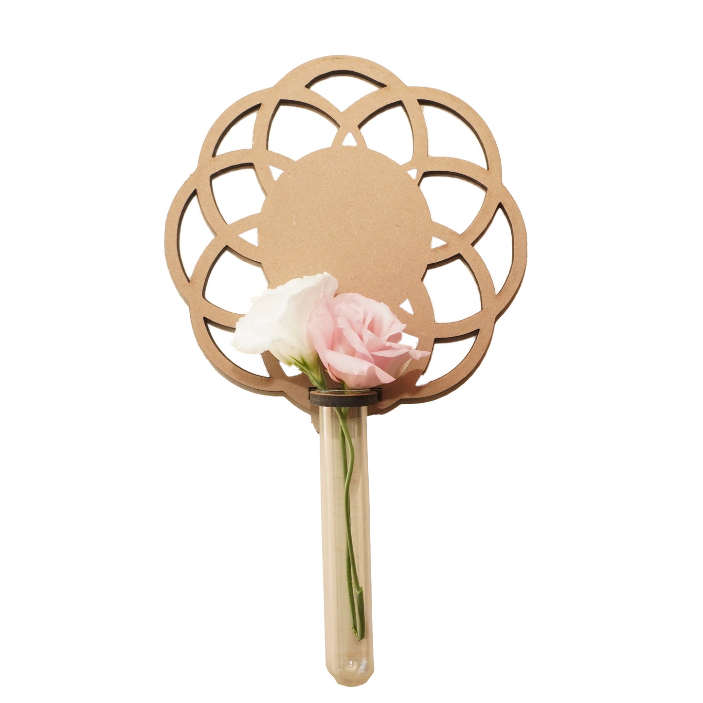 Geometric Floral Wall Vase – Laser-Cut Wooden Holder with Glass Tube