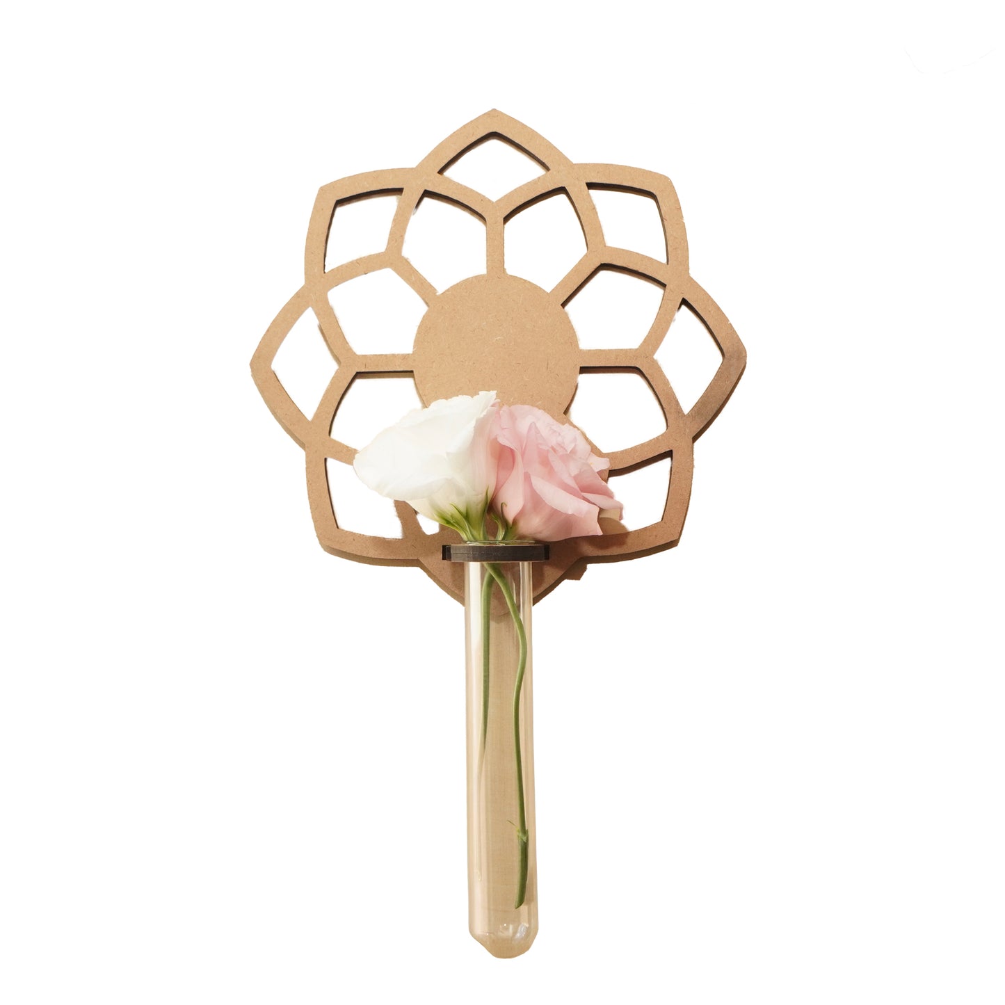 Mandala-Inspired Wooden Wall Vase – Minimalist Glass Tube Holder for Floral Display