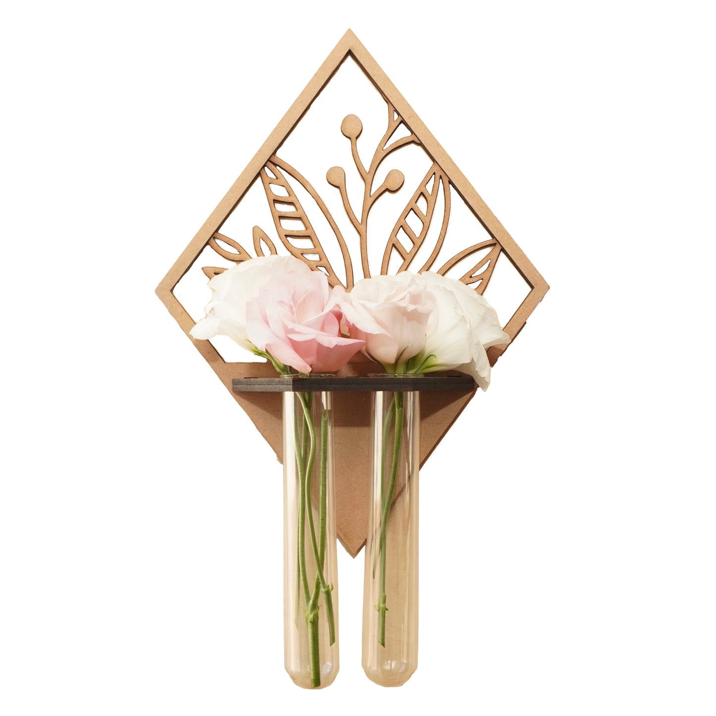 Wall-Mounted Wooden Diamond Vase Holder – Carved Leaf Design with Glass Test Tube