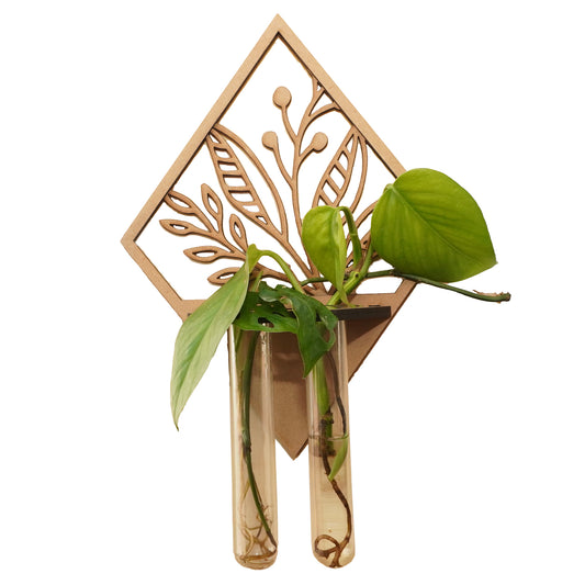 Wall-Mounted Wooden Diamond Vase Holder – Carved Leaf Design with Glass Test Tube