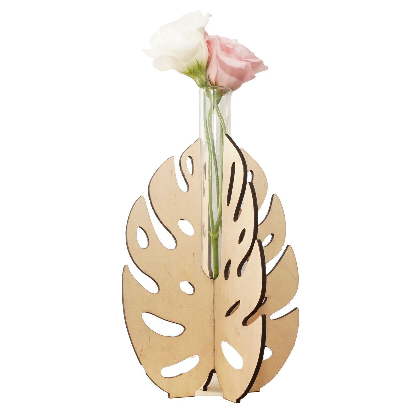 Larger Monstera Leaf Wooden Stand Test Tube Vase – Minimalist Botanical Decor