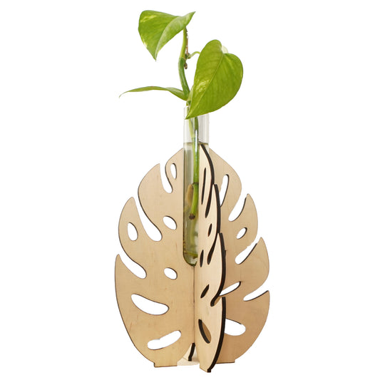 Larger Monstera Leaf Wooden Stand Test Tube Vase – Minimalist Botanical Decor