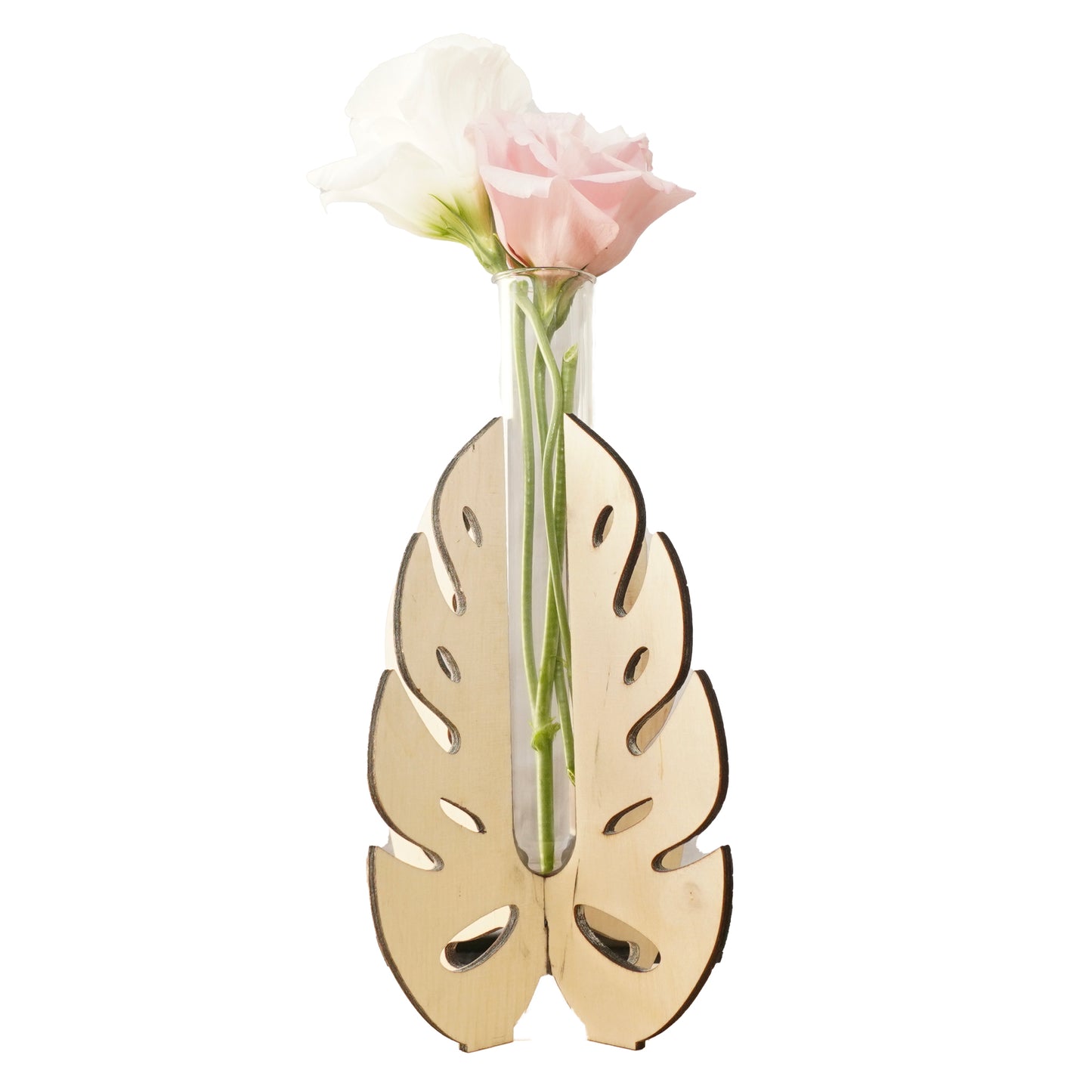 Small Monstera Leaf Wooden Stand Test Tube Vase – Minimalist Botanical Decor