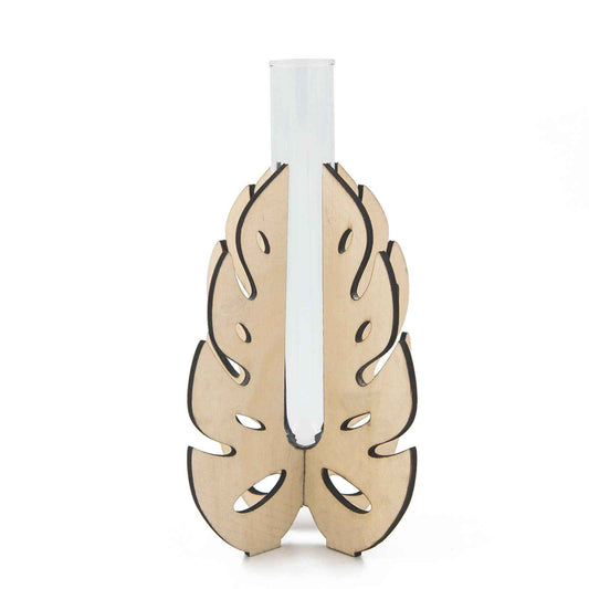 Monstera Leaf Wooden Stand Test Tube Vase – Minimalist Botanical Decor