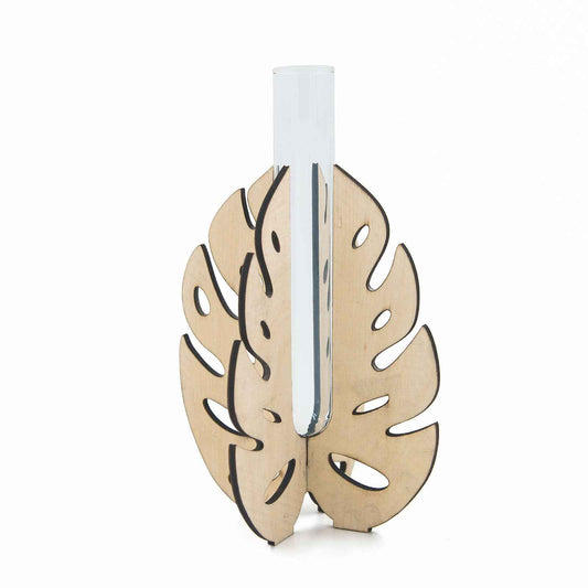 Monstera Leaf Wooden Stand Test Tube Vase – Minimalist Botanical Decor