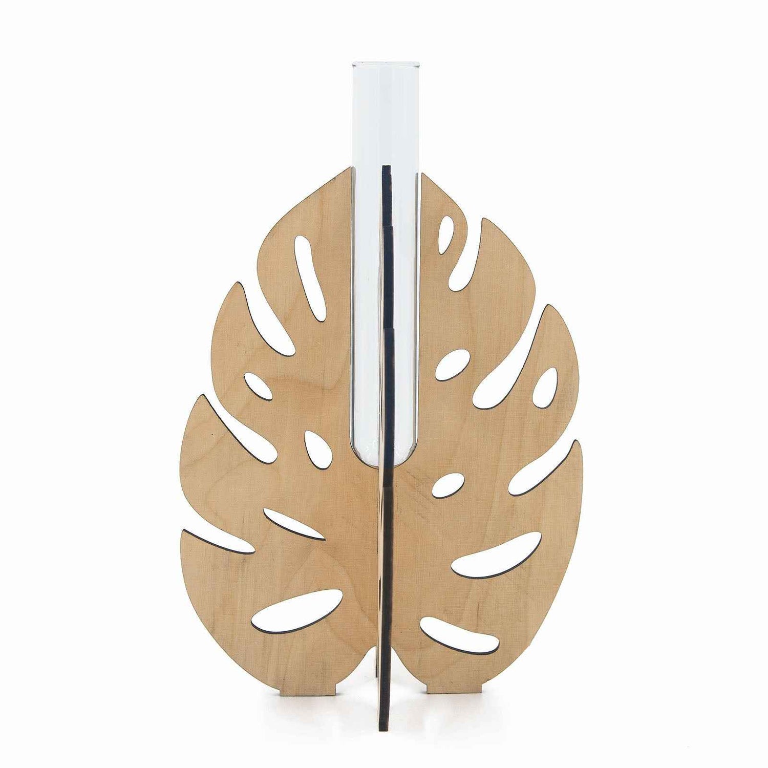 Larger Monstera Leaf Wooden Stand Test Tube Vase – Minimalist Botanical Decor