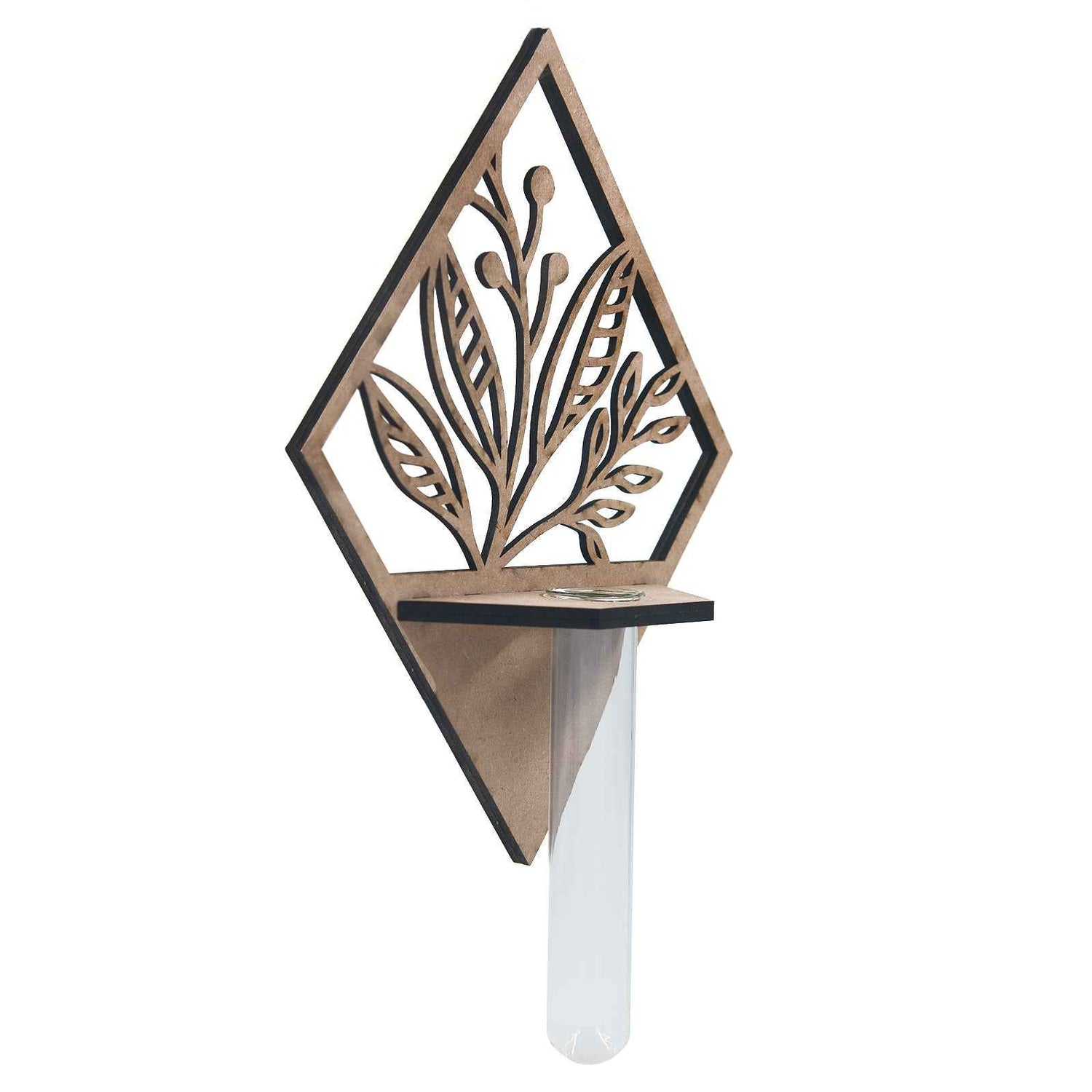 Wall-Mounted Wooden Diamond Vase Holder – Carved Leaf Design with Glass Test Tube
