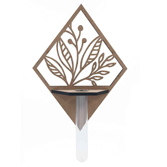 Wall-Mounted Wooden Diamond Vase Holder – Carved Leaf Design with Glass Test Tube