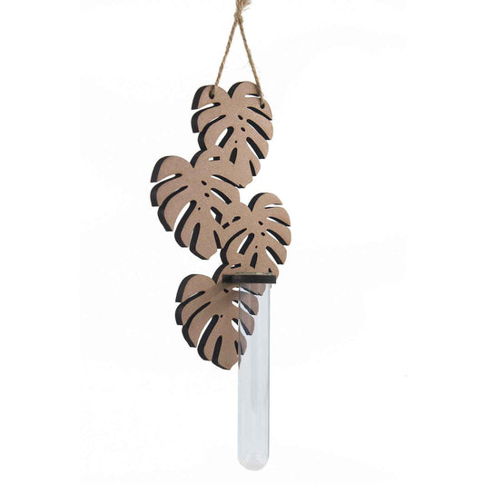 Hanging Monstera Leaf Wall Vase – Rustic Wooden Plant Propagation Station